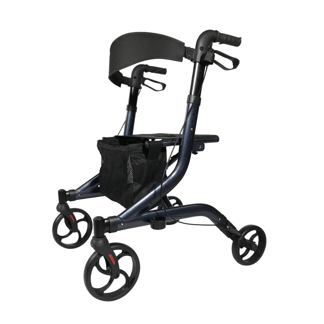 The Medline European-Style Aluminum Ultralite Rollator, in blue, features four wheels, hand brakes, a padded backrest, seat, and a black storage bag between the front wheels for enhanced mobility.